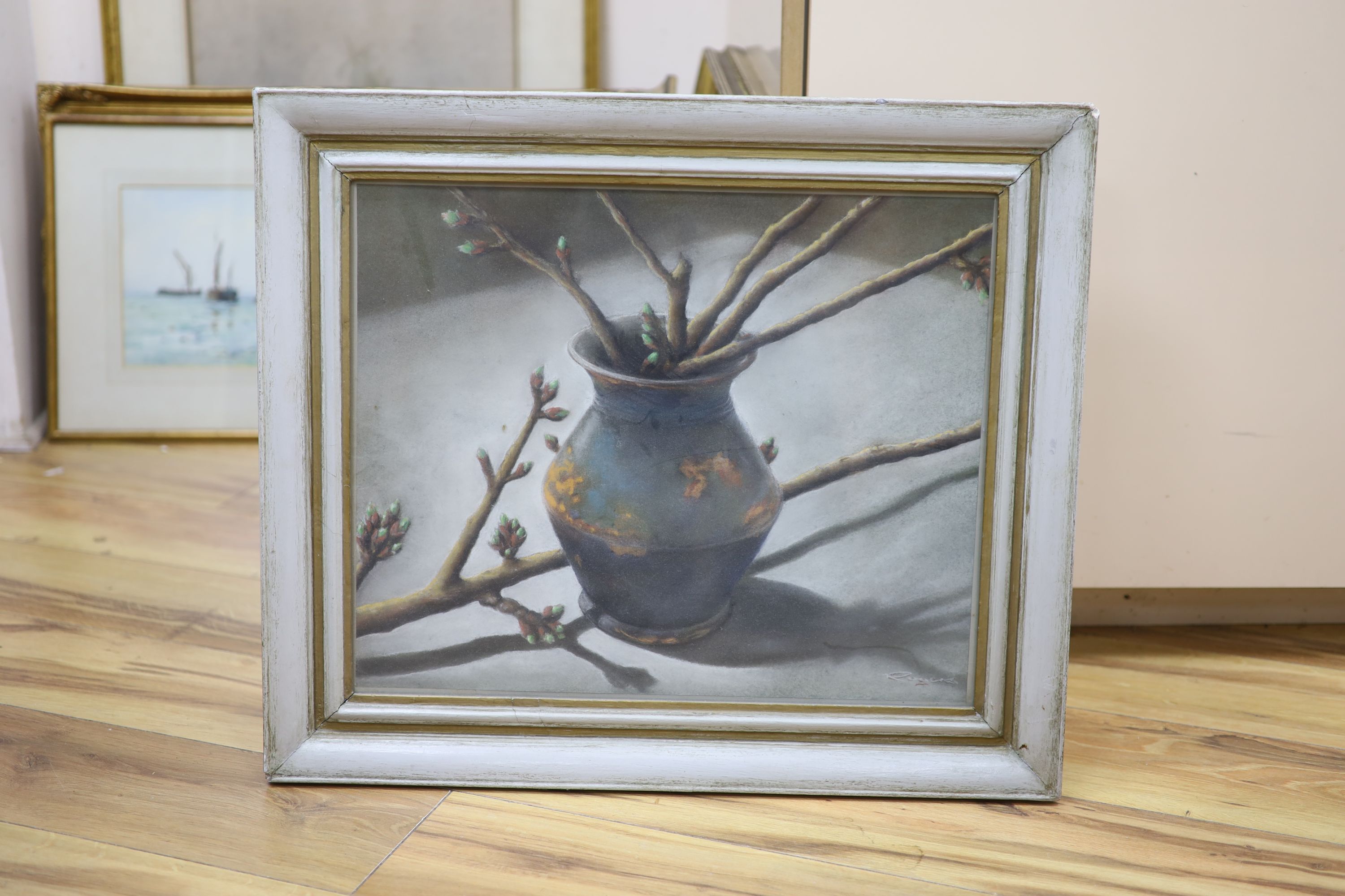 Ken Rogers, pastel, 'Blue pot in Spring', signed, 39 x 47cm